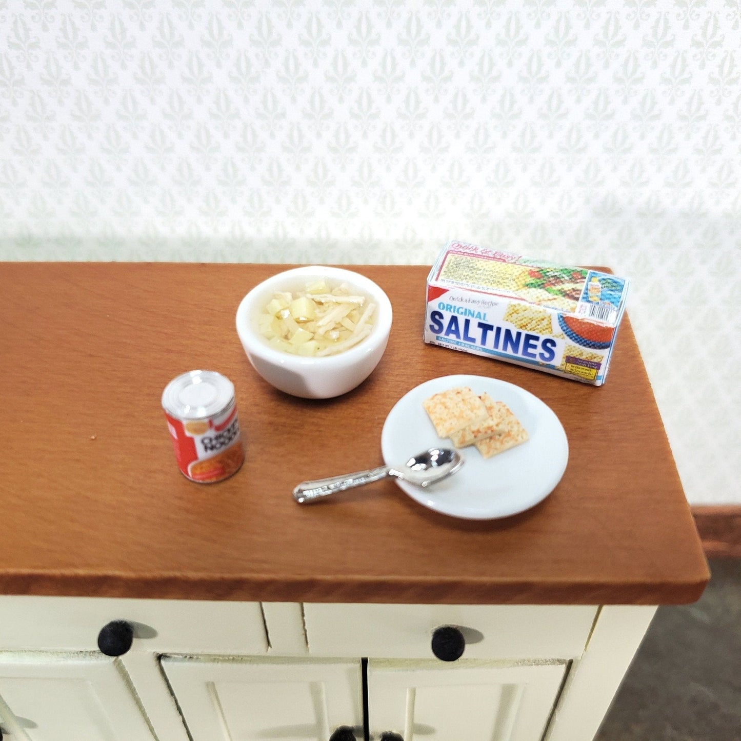 Dollhouse Food Chicken Noodle Soup Crackers Can Spoon 1:12 Scale Miniature - Miniature Crush