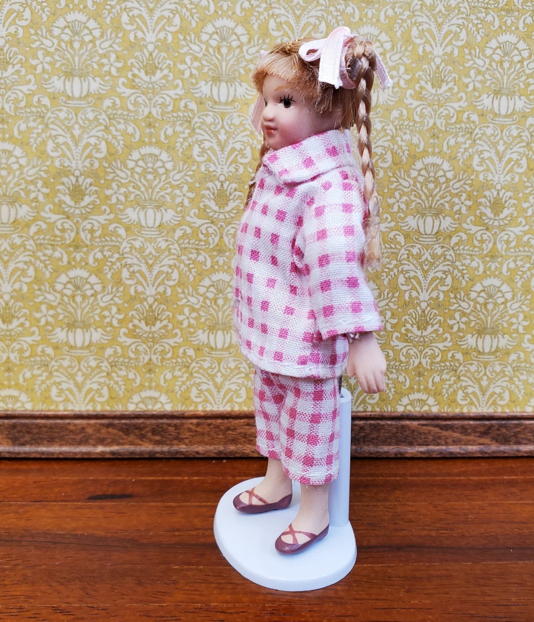 Dollhouse Girl Doll Braids Porcelain Pink & White Checked Outfit 1:12 Scale Miniature - Miniature Crush