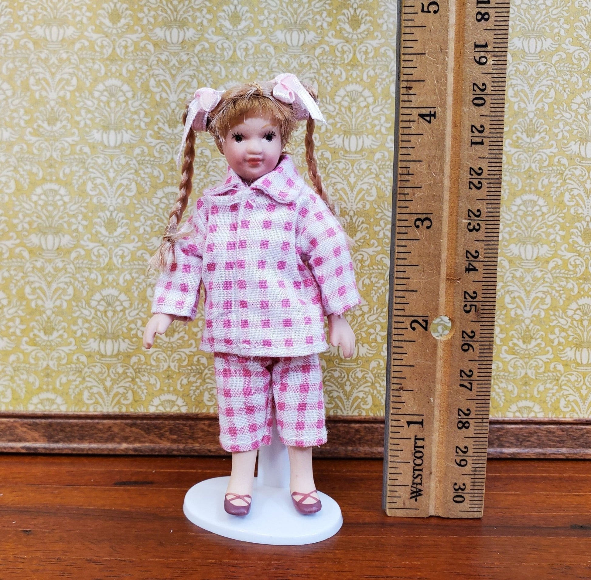 Dollhouse Girl Doll Braids Porcelain Pink & White Checked Outfit 1:12 Scale Miniature - Miniature Crush