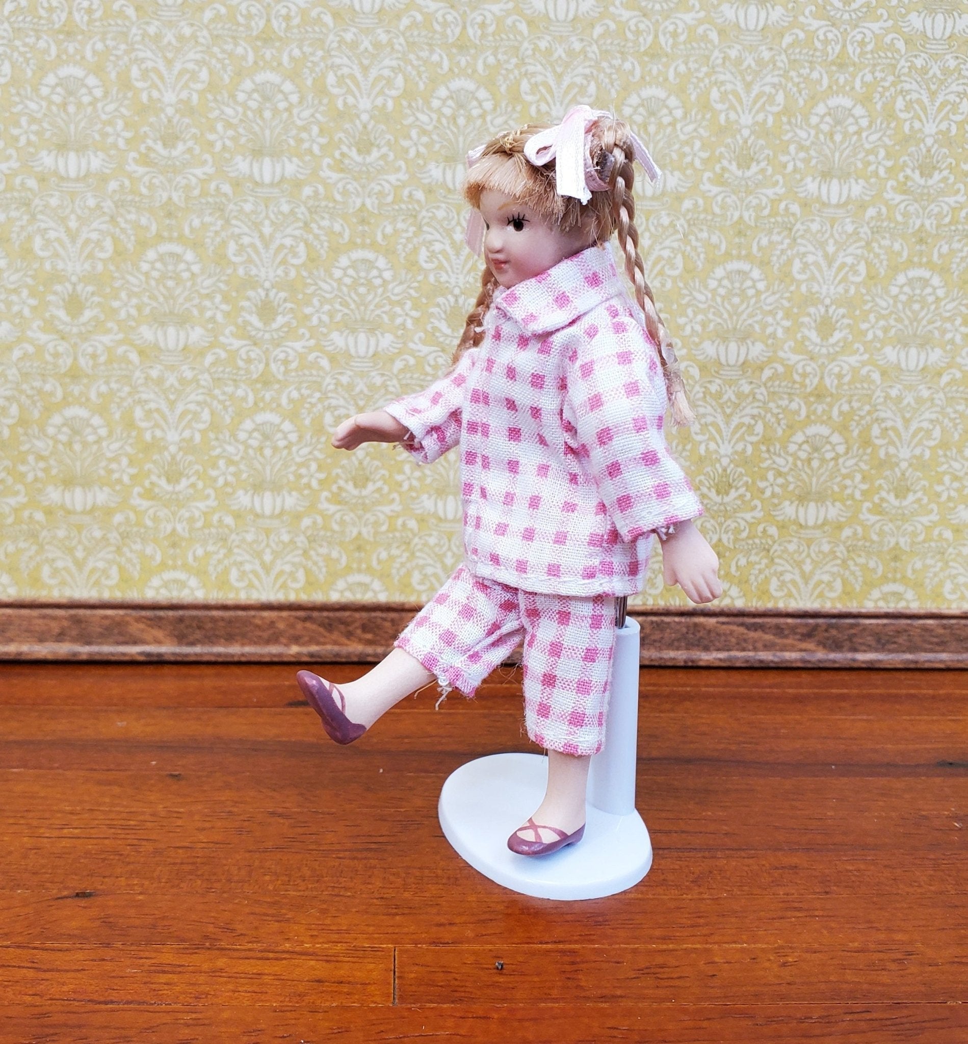 Dollhouse Girl Doll Braids Porcelain Pink & White Checked Outfit 1:12 Scale Miniature - Miniature Crush