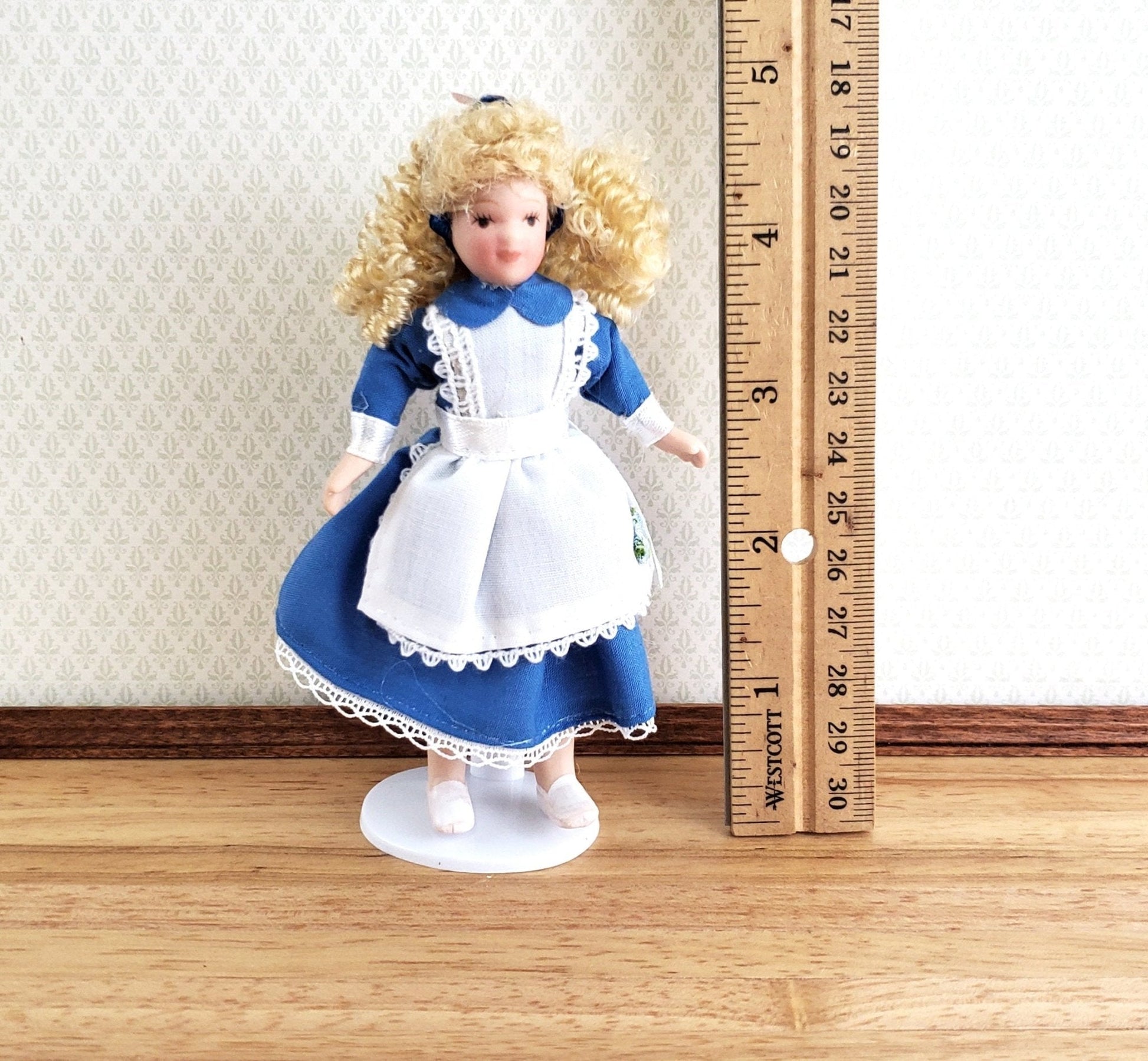 Dollhouse Girl Doll Curly Hair Porcelain Poseable 1:12 Scale Miniature Blue White Dress - Miniature Crush