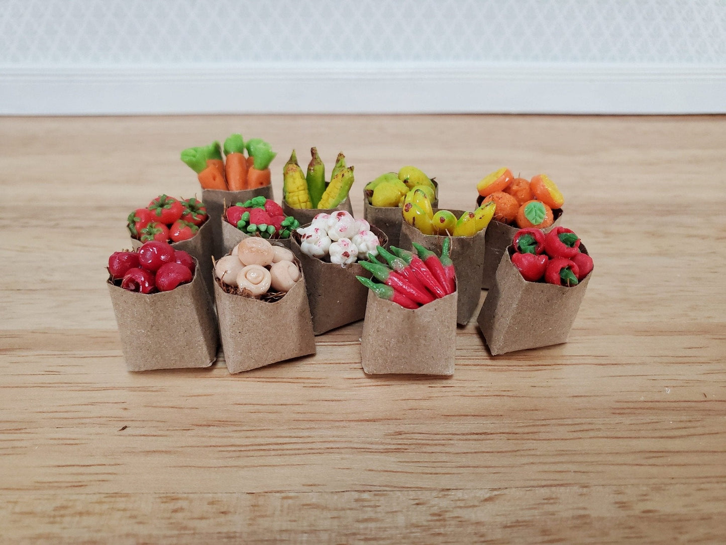 Dollhouse Groceries 12 Small Bags Fruits Vegetables 1:12 Scale Miniature Food Kitchen - Miniature Crush