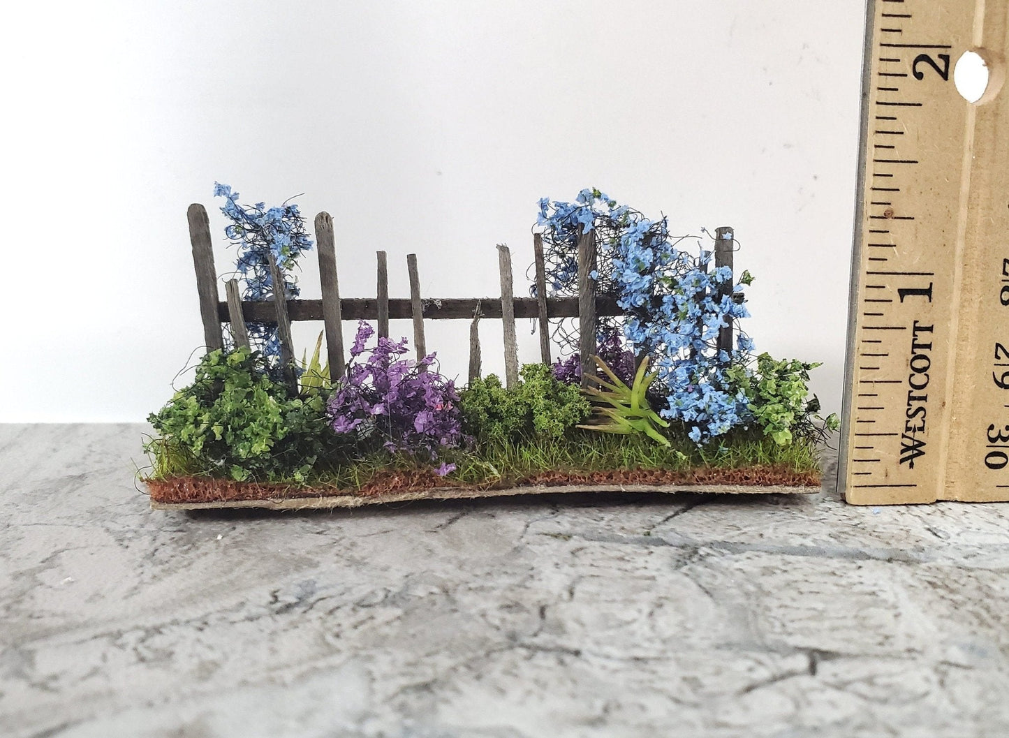 Dollhouse HALF SCALE Flowers with Fence Purple Green Blue 1:24 Scale Miniature 2 Sided - Miniature Crush