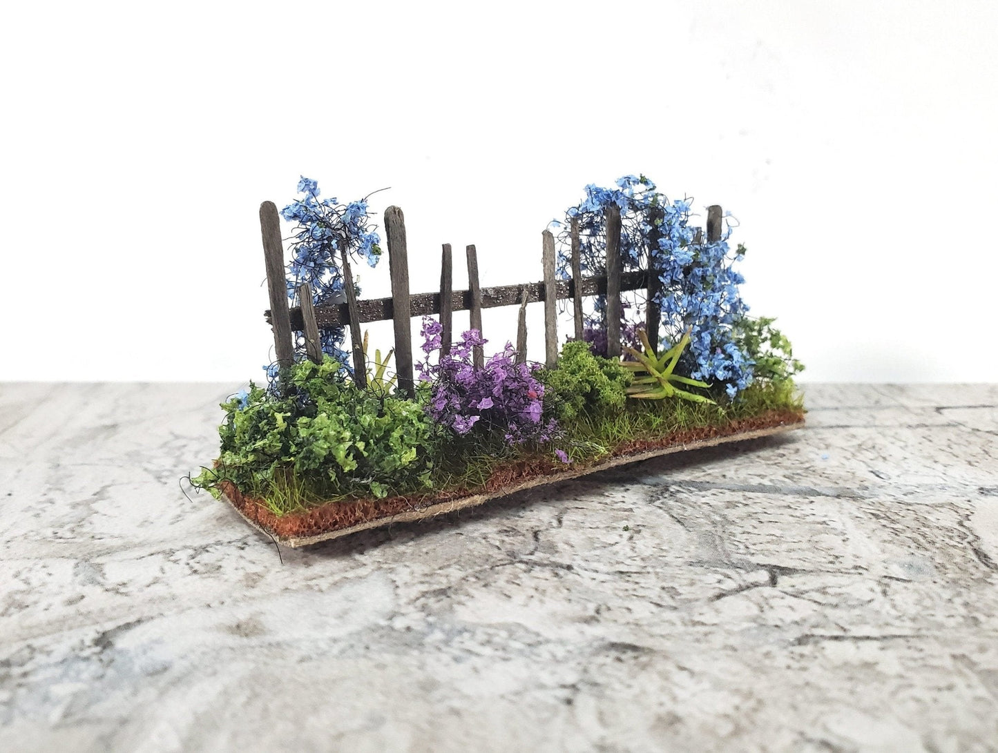 Dollhouse HALF SCALE Flowers with Fence Purple Green Blue 1:24 Scale Miniature 2 Sided - Miniature Crush