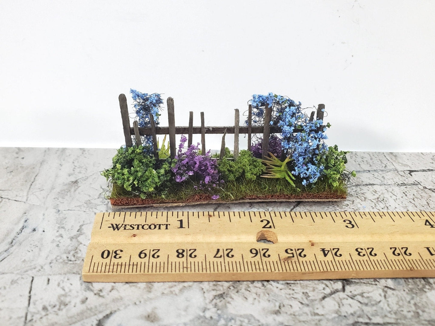 Dollhouse HALF SCALE Flowers with Fence Purple Green Blue 1:24 Scale Miniature 2 Sided - Miniature Crush