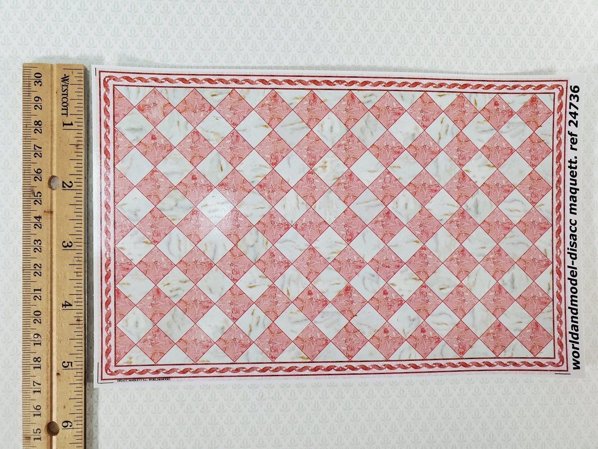 Dollhouse HALF SCALE Marble Tile Sheet with Border Pink & White Floor 1:24 World Model - Miniature Crush