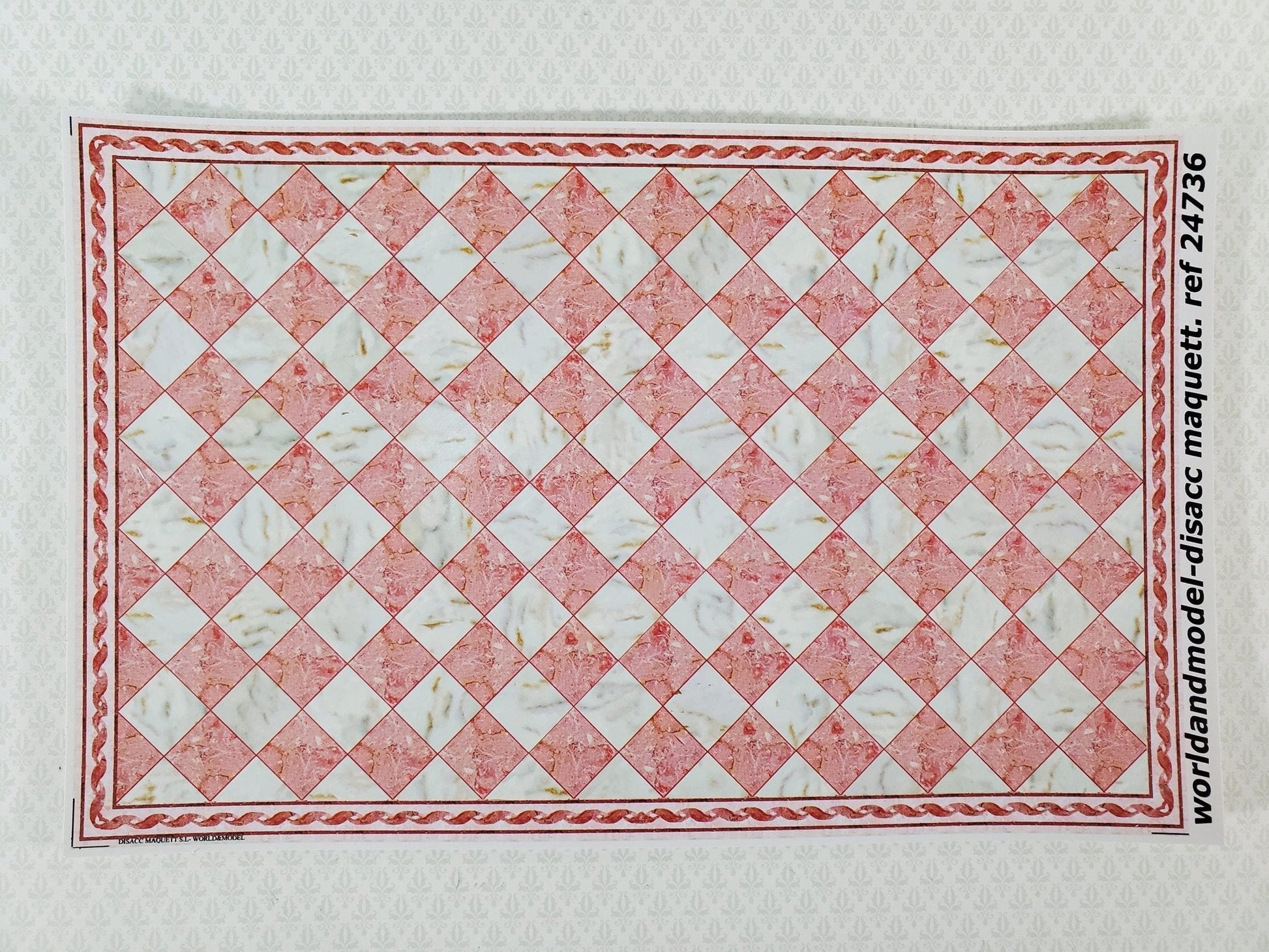 Dollhouse HALF SCALE Marble Tile Sheet with Border Pink & White Floor 1:24 World Model - Miniature Crush