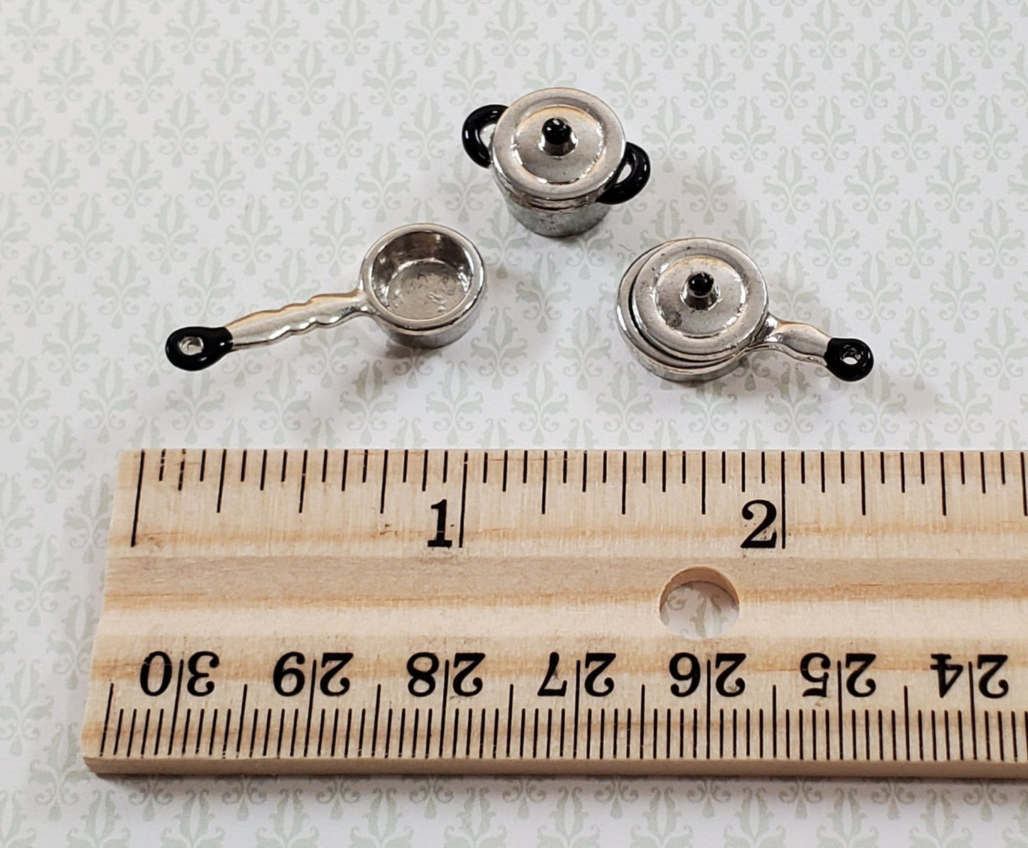 Dollhouse HALF SCALE Pots and Pans Silver Metal Set of 3 Small 1:24 Miniatures - Miniature Crush