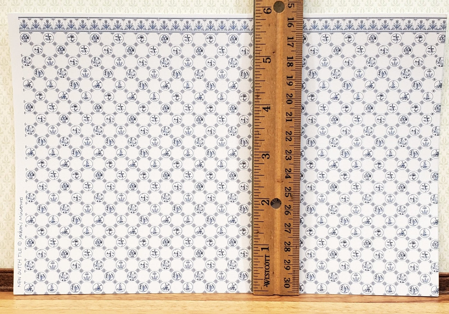 Dollhouse HALF SCALE Wallpaper 3 Sheets Dutch Delft Blue 1:24 Scale Miniature - Miniature Crush