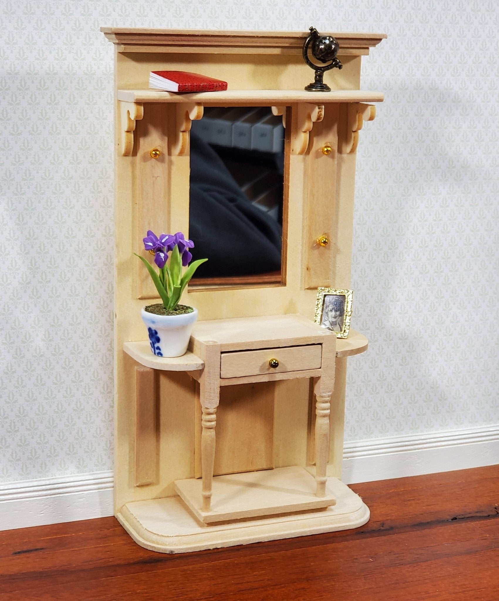 Dollhouse Hall Stand Table with Mirror Tall Unpainted Wood DIY 1:12 Scale Furniture - Miniature Crush
