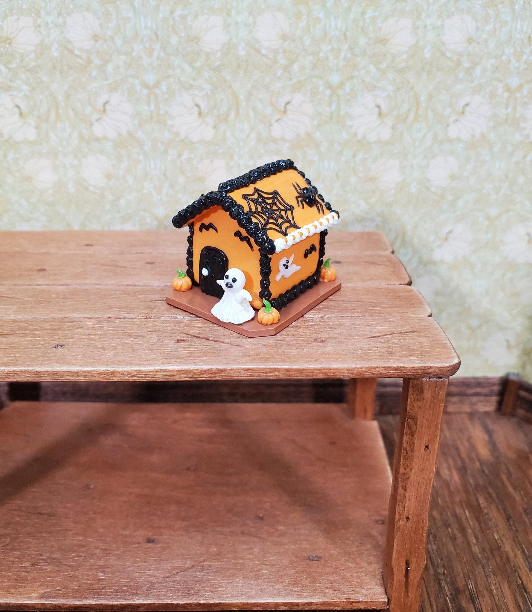 Dollhouse Halloween Gingerbread House 1:12 Scale Miniature Ghosts Spiders Webs - Miniature Crush