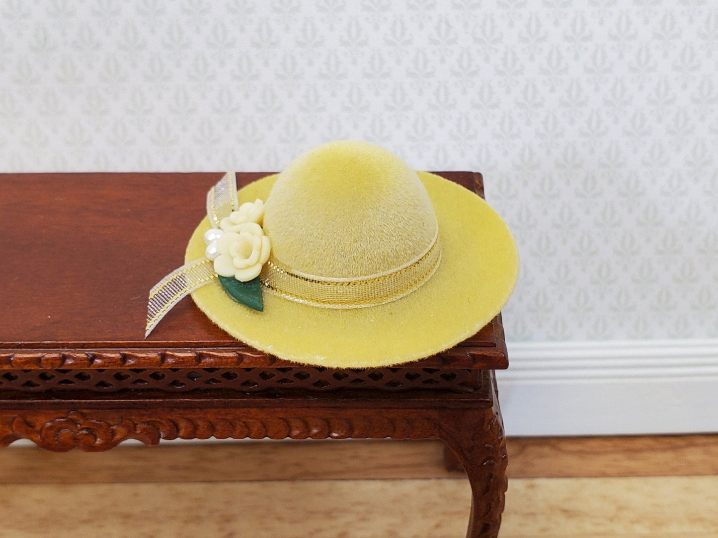 Dollhouse Hat Yellow Velvet with Flowers Wearable 1:12 Scale Miniature - Miniature Crush