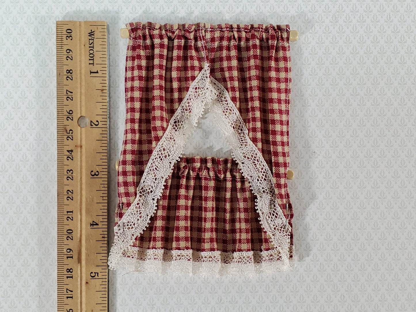 Dollhouse Kitchen Cafe Curtains Red Checked with Lace and Curtain Rod 1:12 Scale - Miniature Crush