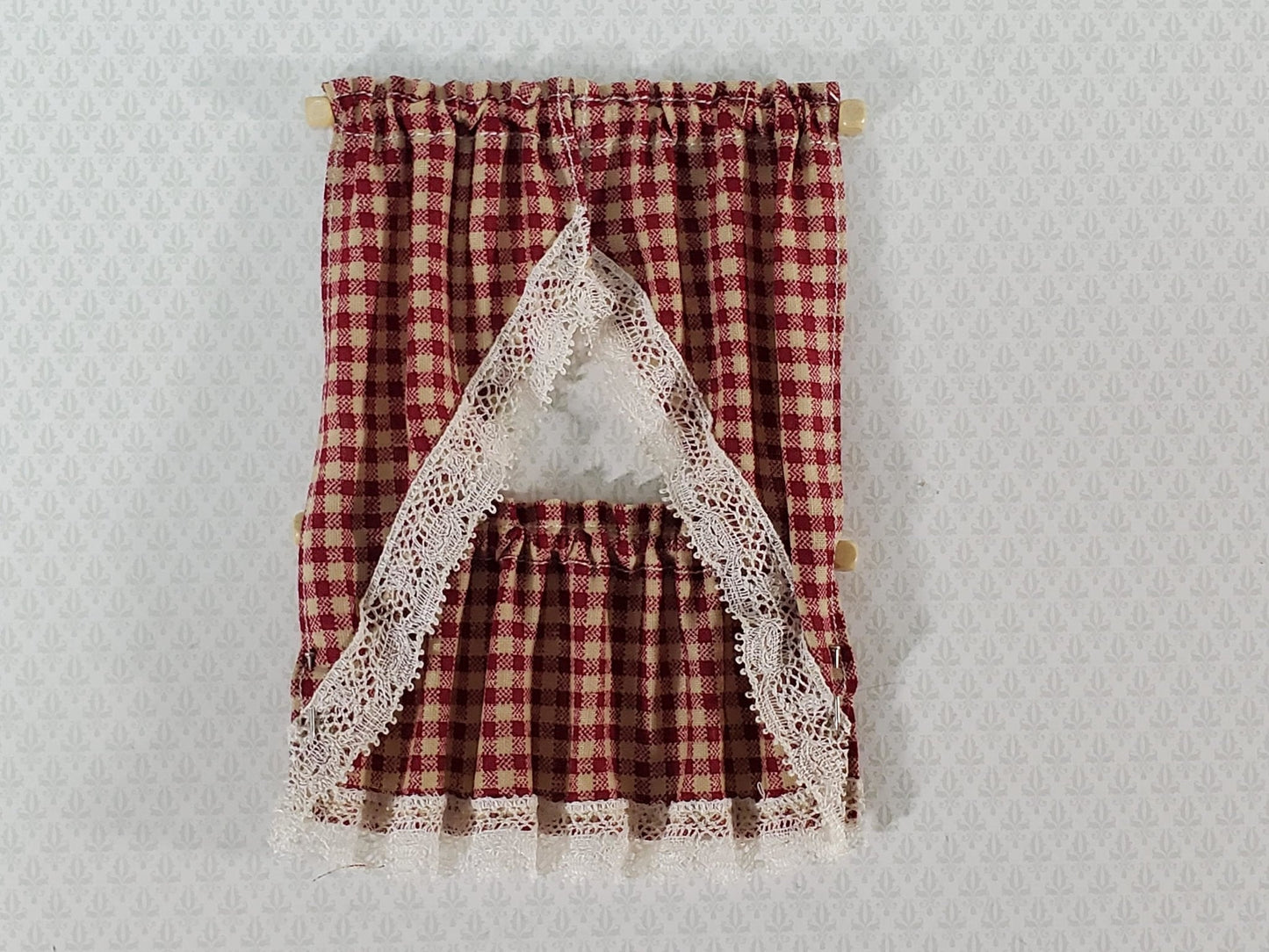 Dollhouse Kitchen Cafe Curtains Red Checked with Lace and Curtain Rod 1:12 Scale - Miniature Crush