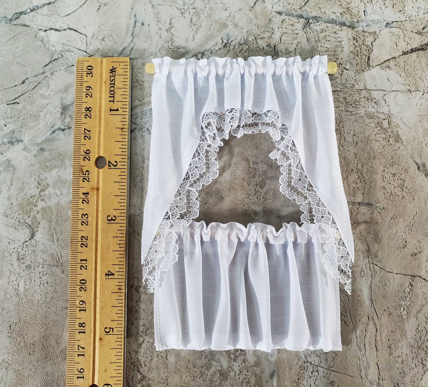 Dollhouse Kitchen Cafe Curtains White with Lace Curtain Rod 1:12 Scale - Miniature Crush