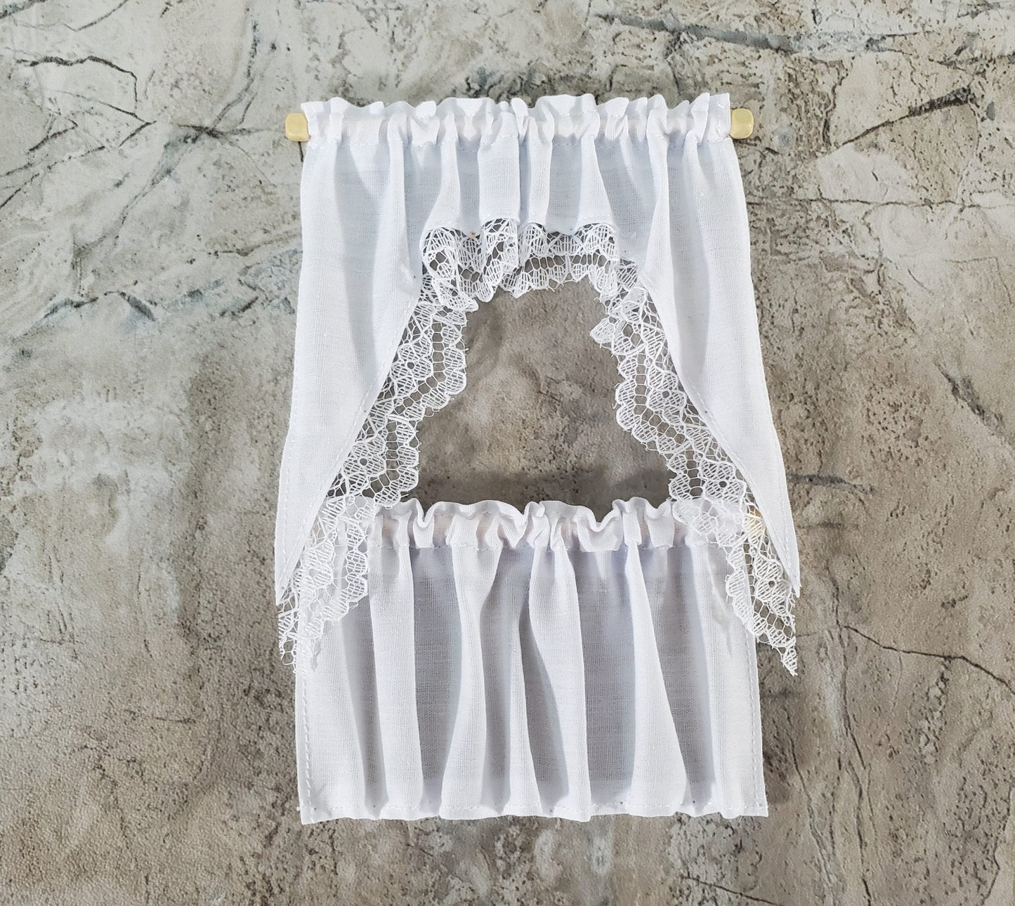 Dollhouse Kitchen Cafe Curtains White with Lace Curtain Rod 1:12 Scale - Miniature Crush