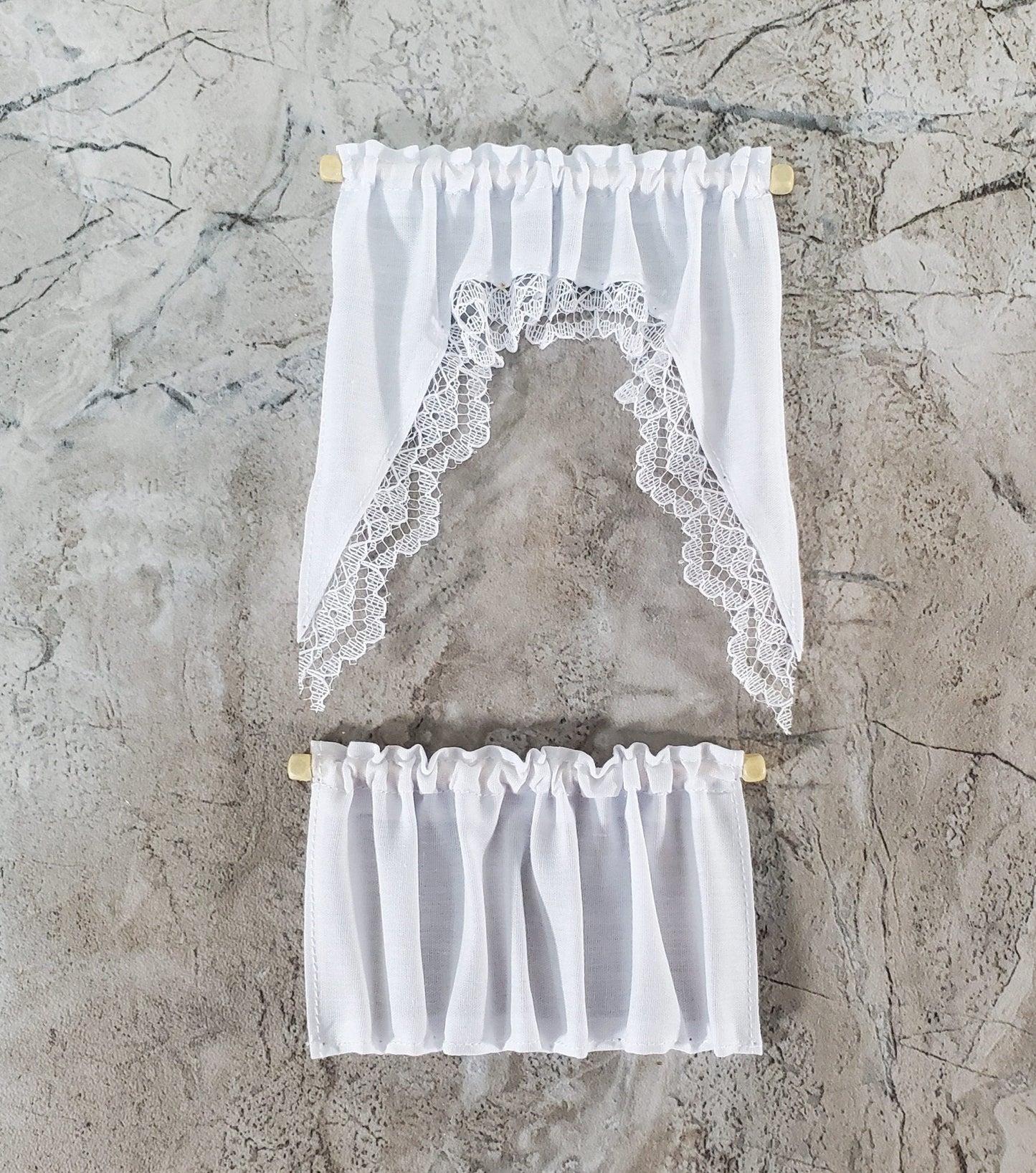 Dollhouse Kitchen Cafe Curtains White with Lace Curtain Rod 1:12 Scale - Miniature Crush