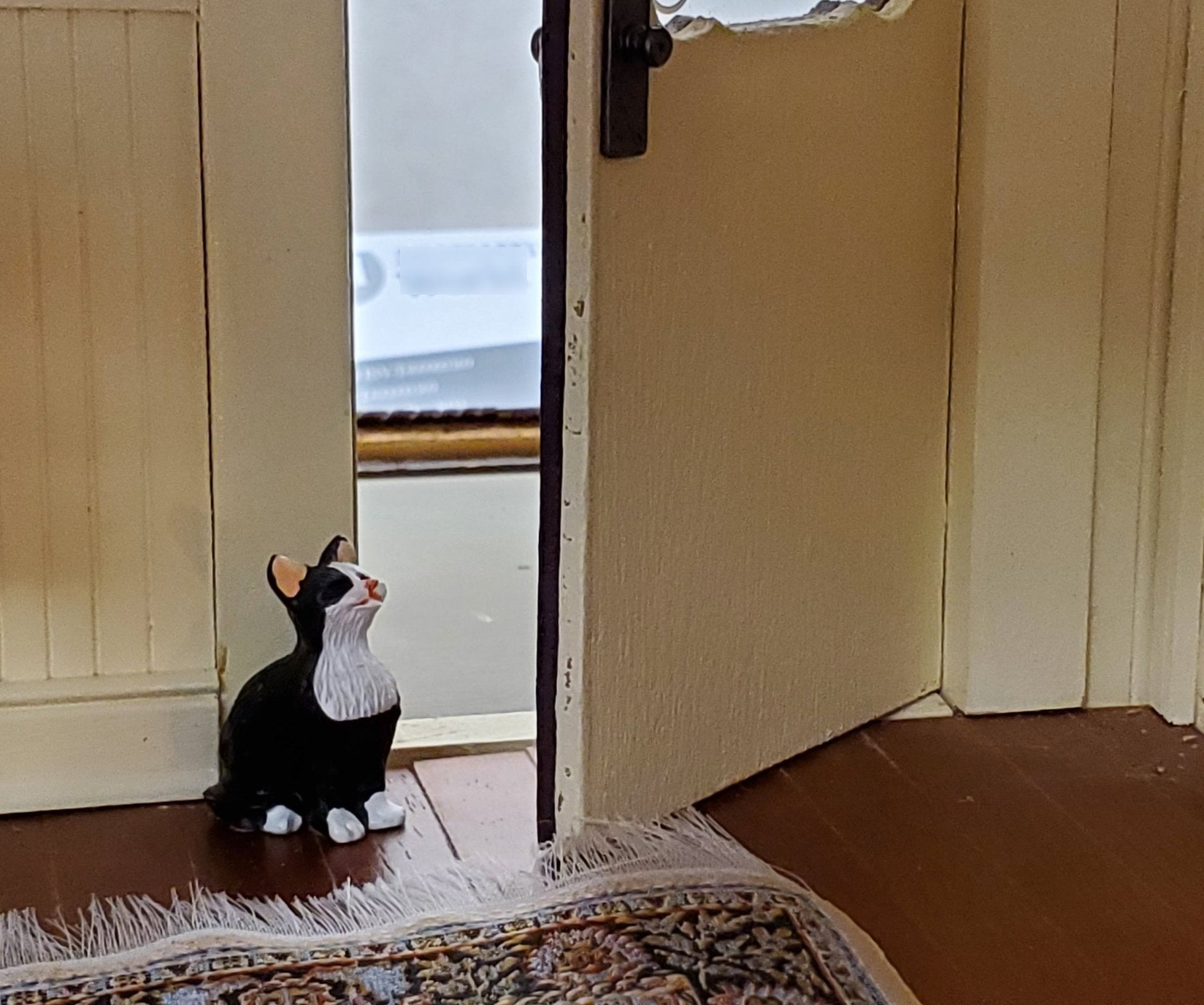 Dollhouse Kitty Cat Tuxedo Black and White Eyes Closed Sitting 1:12 Scale Miniature - Miniature Crush