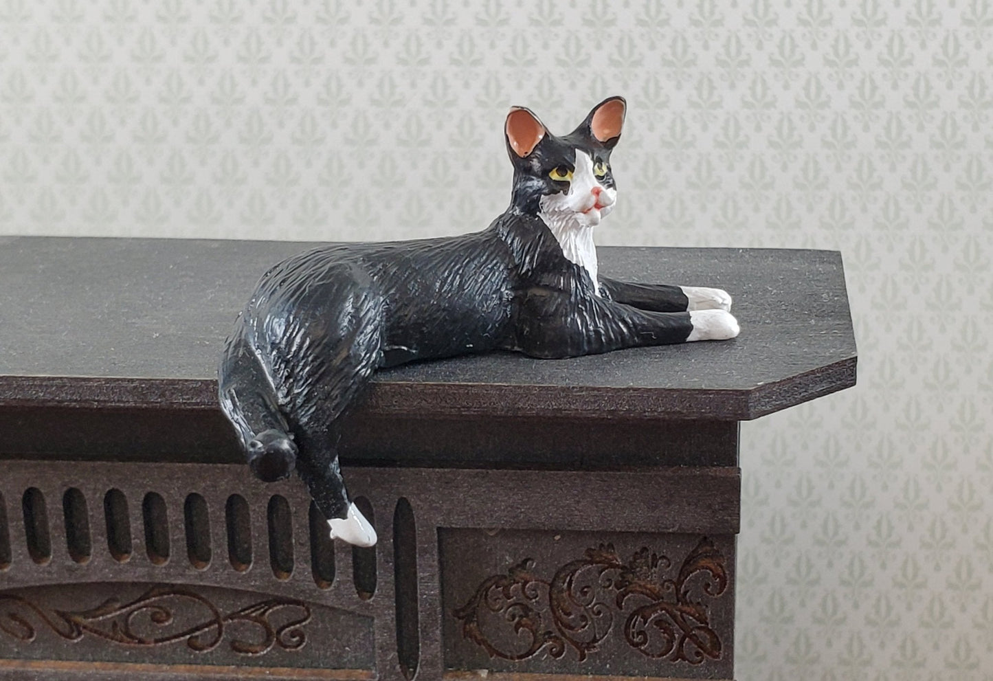 Dollhouse Kitty Cat Tuxedo Black White Shelf Sitter Leg Down 1:12 Scale Miniature - Miniature Crush