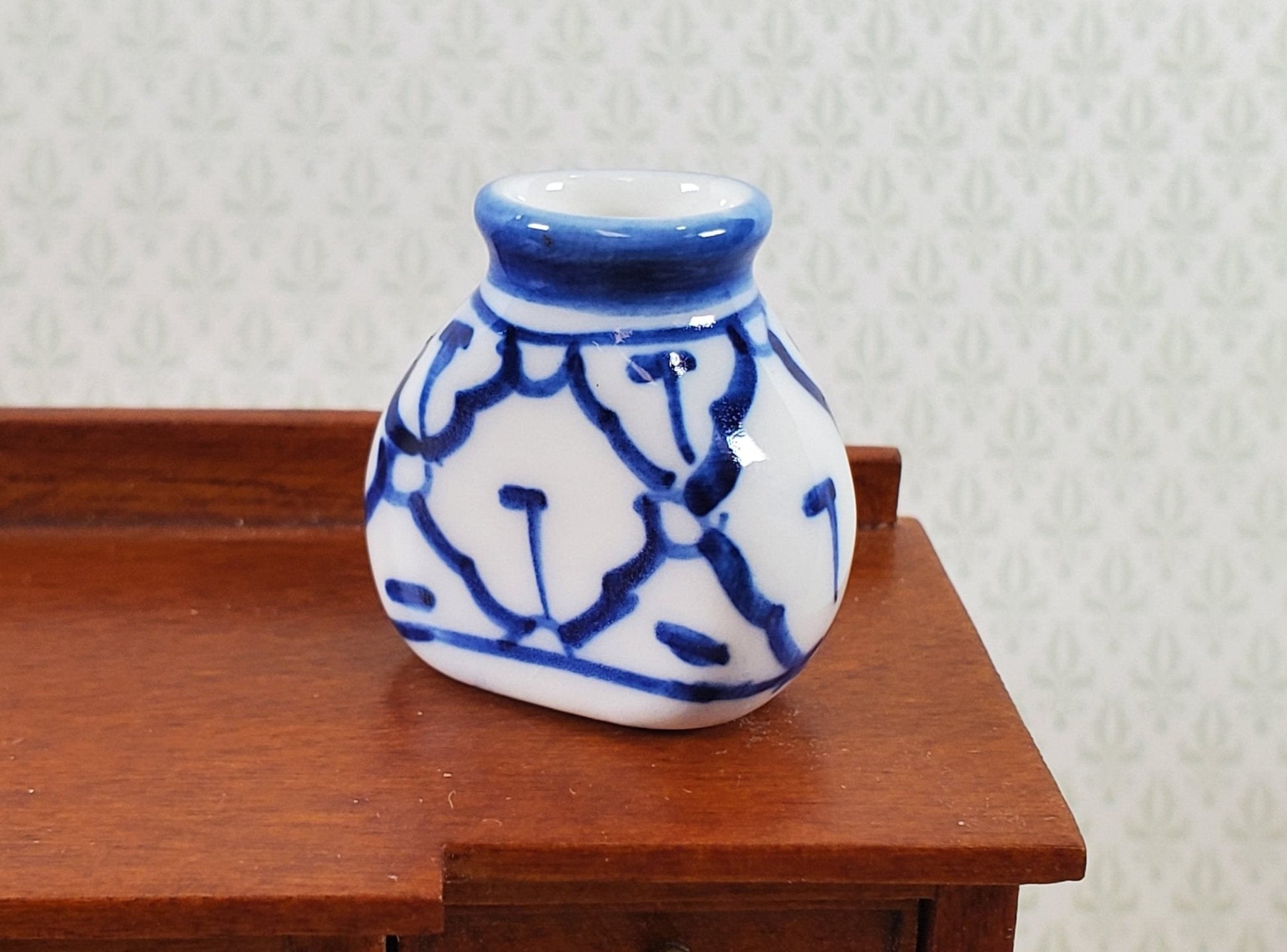 Dollhouse Large Blue & White Decorative Vase Flat Sides 1:12 Scale Miniature - Miniature Crush