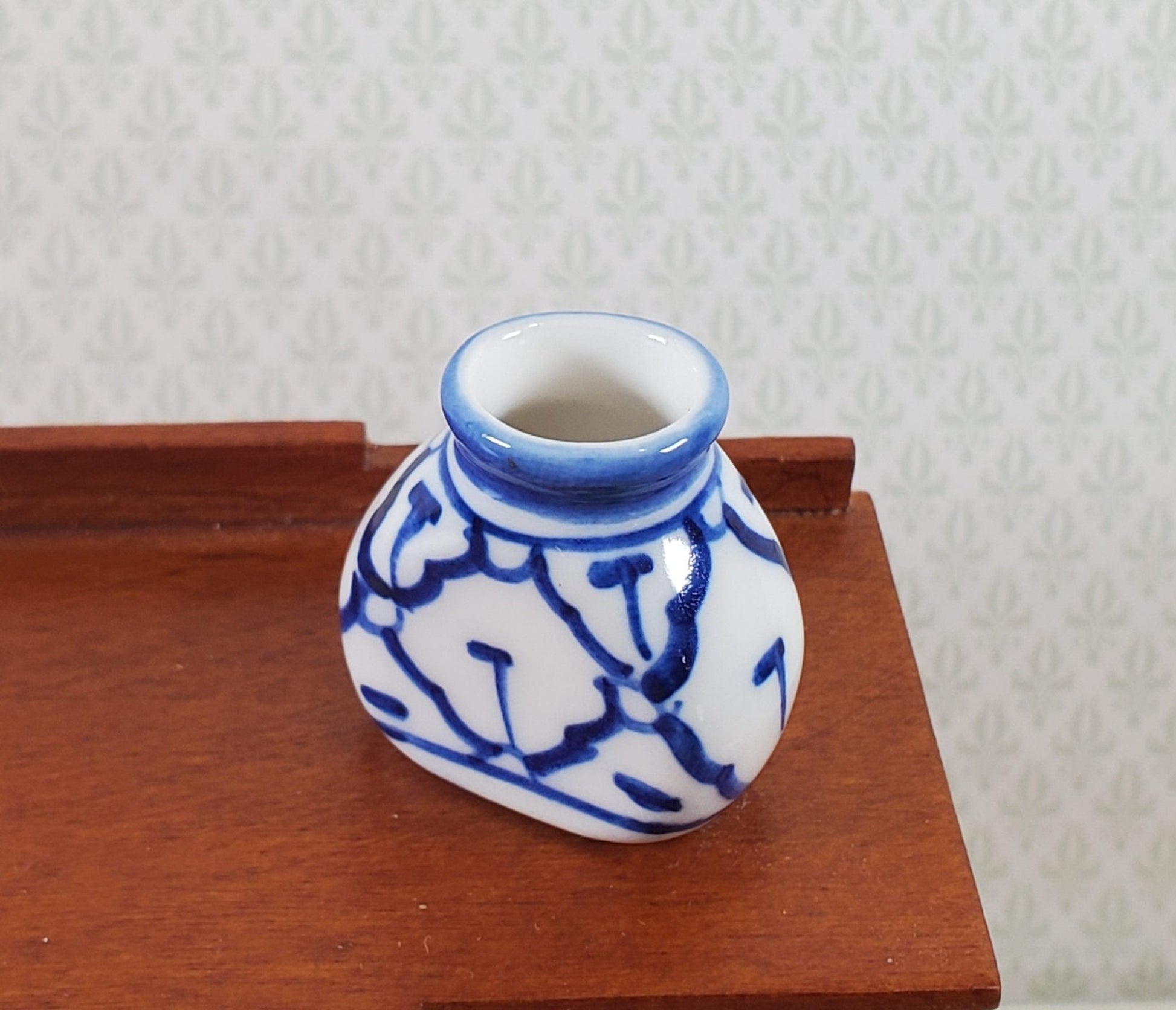 Dollhouse Large Blue & White Decorative Vase Flat Sides 1:12 Scale Miniature - Miniature Crush