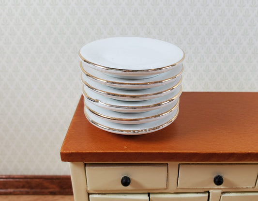 Dollhouse Large Round Plates 1:6 Scale 1 11/16" White Gold Trim Set of 6 Ceramic - Miniature Crush