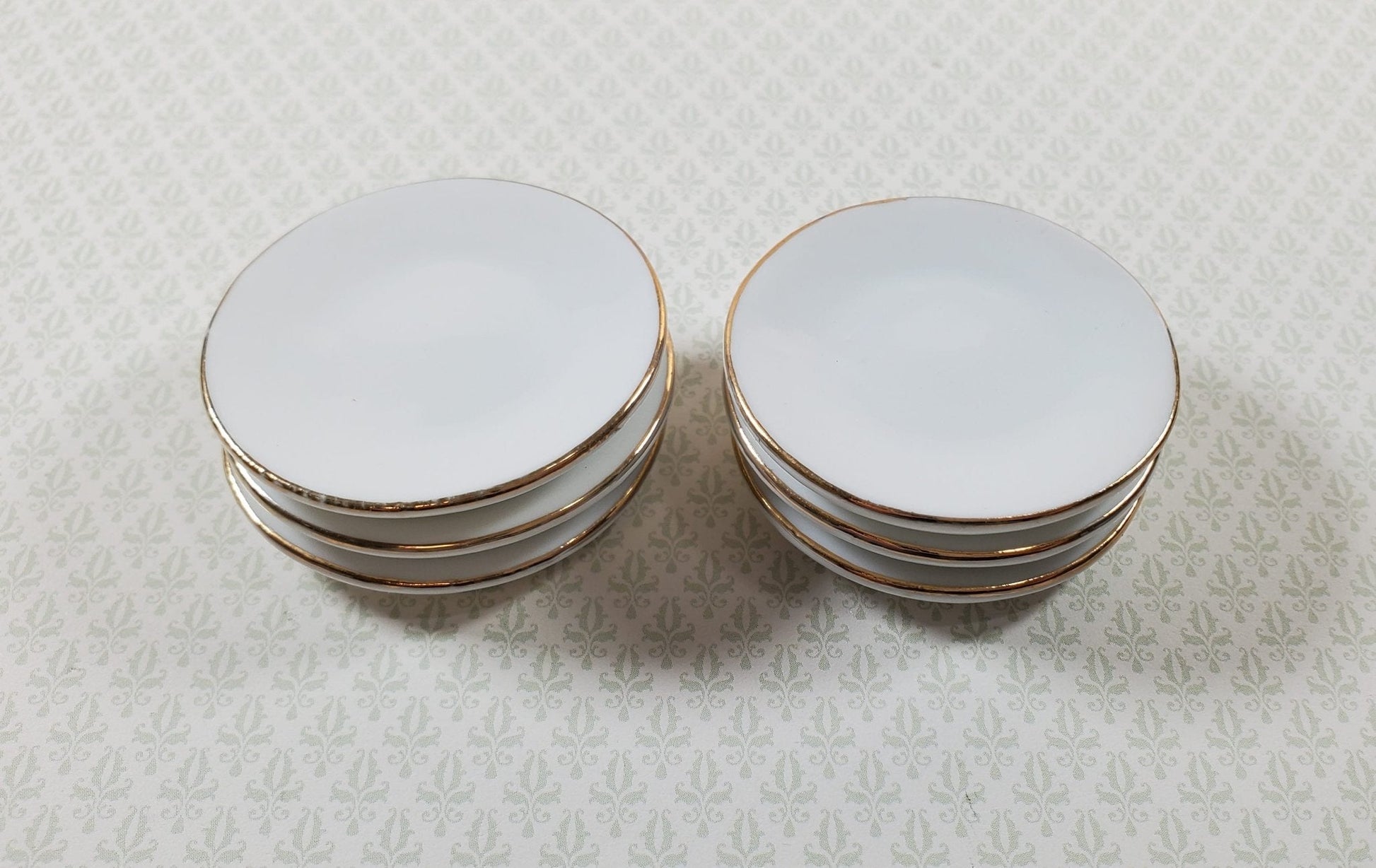 Dollhouse Large Round Plates 1:6 Scale 1 11/16" White Gold Trim Set of 6 Ceramic - Miniature Crush