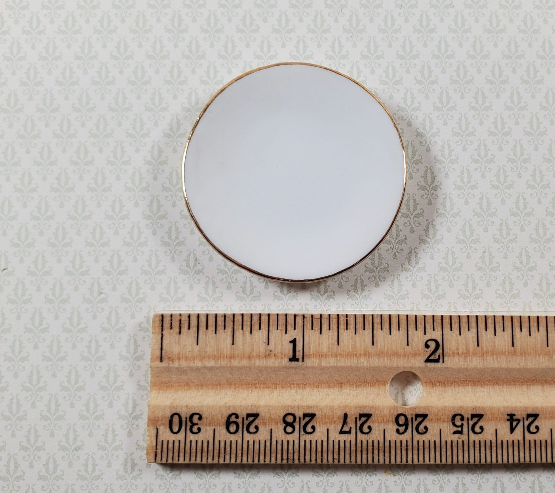 Dollhouse Large Round Plates 1:6 Scale 1 11/16" White Gold Trim Set of 6 Ceramic - Miniature Crush
