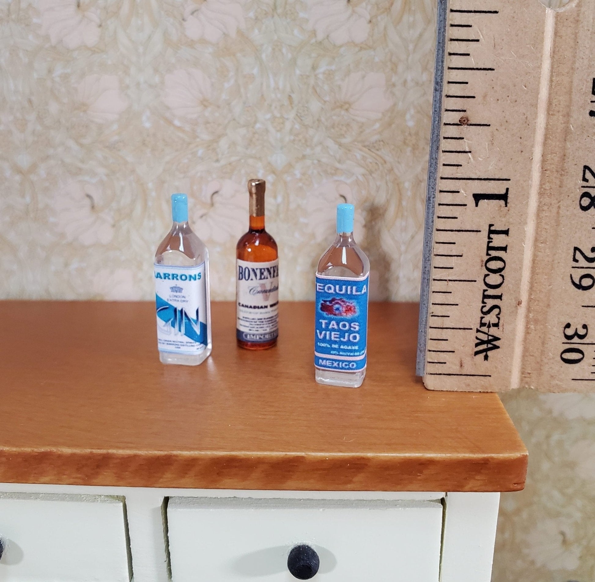 Dollhouse Liquor Set Whiskey Gin Tequila Bottles x3 Tiny 1:12 Scale Miniatures Handmade - Miniature Crush