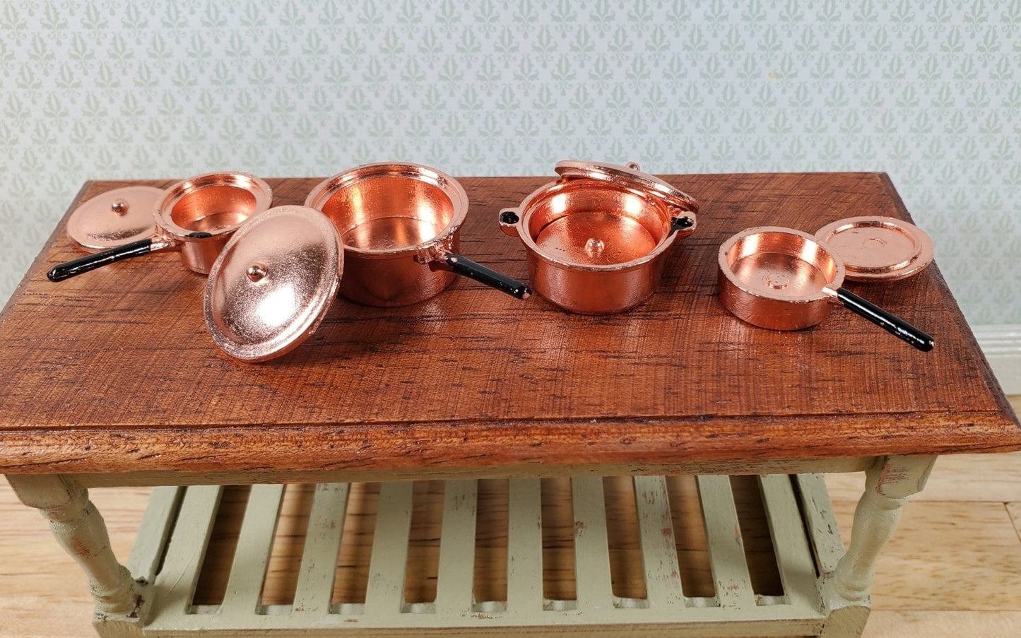 Dollhouse Metal Copper Pots & Pans Removable Lids 1:12 Scale Miniatures - Miniature Crush