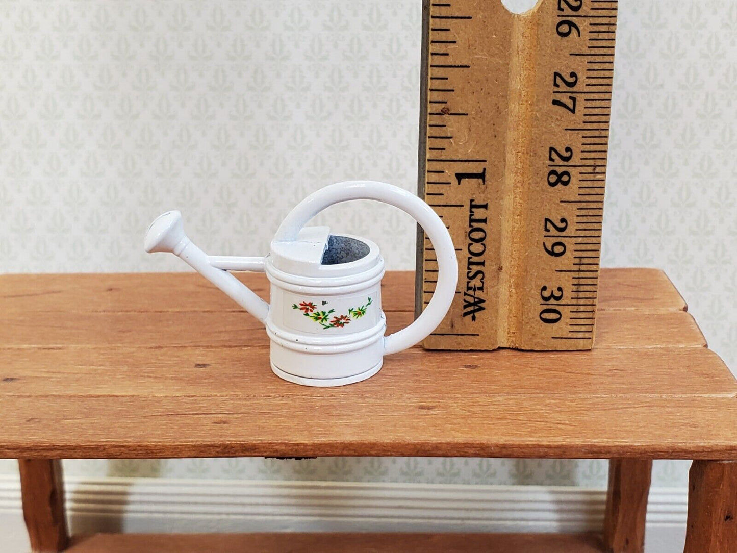 Dollhouse Metal Watering Can with Handle White w/ Flower Design 1:12 Scale Miniature Garden - Miniature Crush
