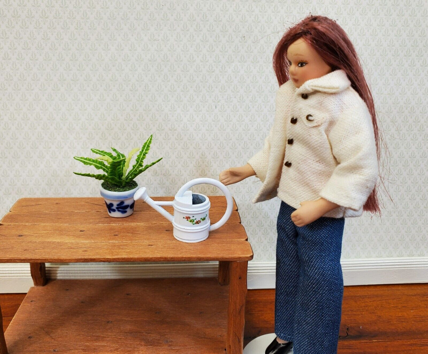 Dollhouse Metal Watering Can with Handle White w/ Flower Design 1:12 Scale Miniature Garden - Miniature Crush