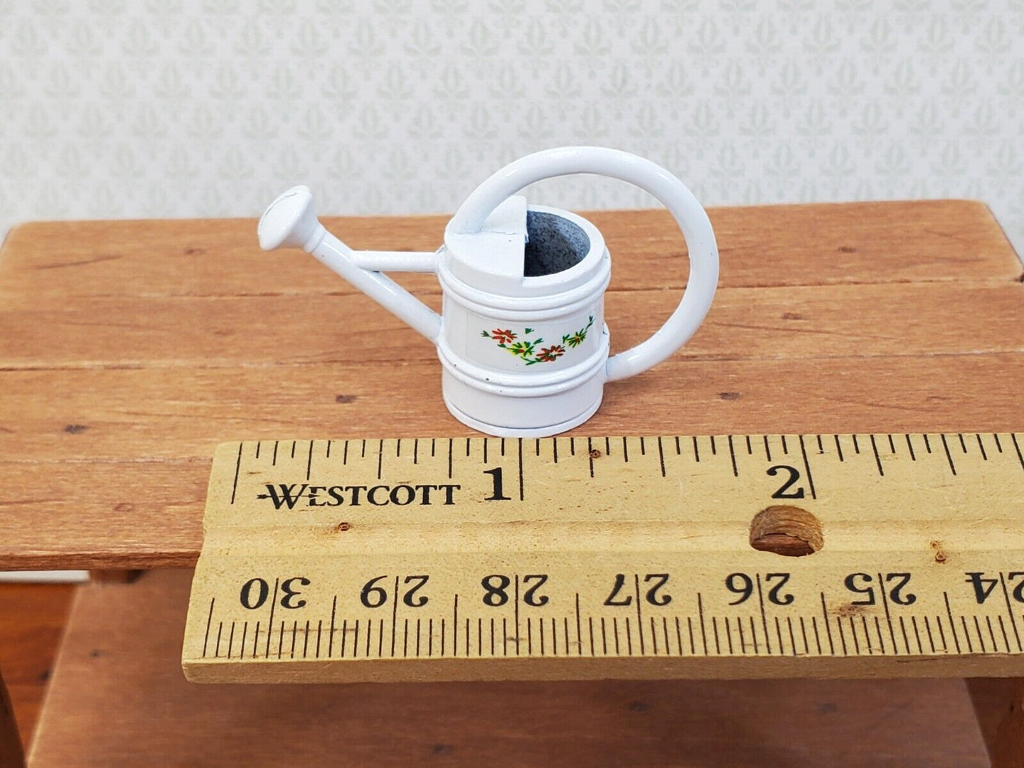 Dollhouse Metal Watering Can with Handle White w/ Flower Design 1:12 Scale Miniature Garden - Miniature Crush