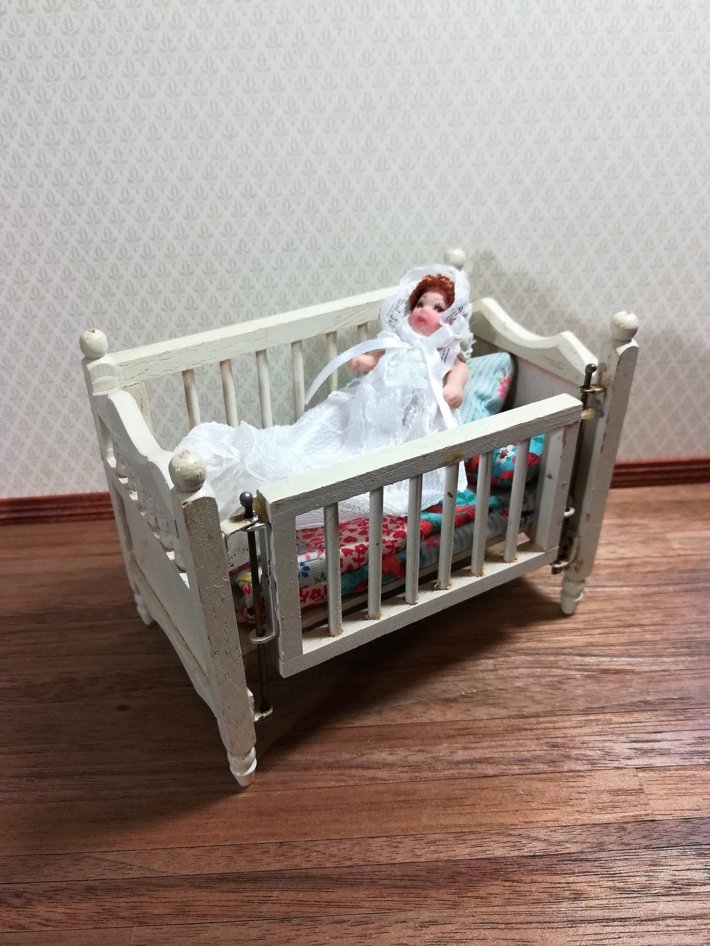 Dollhouse Miniature Baby Doll in Long White Lace Gown 1:12 Scale Brown Hair - Miniature Crush