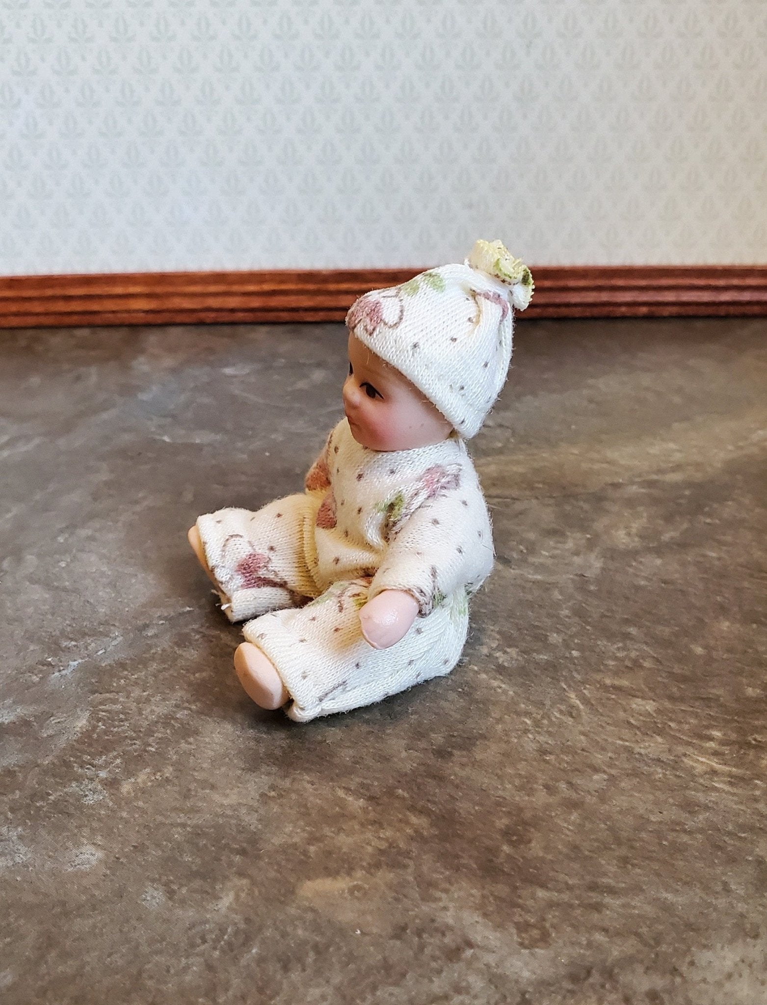 Dollhouse Miniature Baby Doll Porcelain Moveable 1:12 Scale Sleeper Cap - Miniature Crush