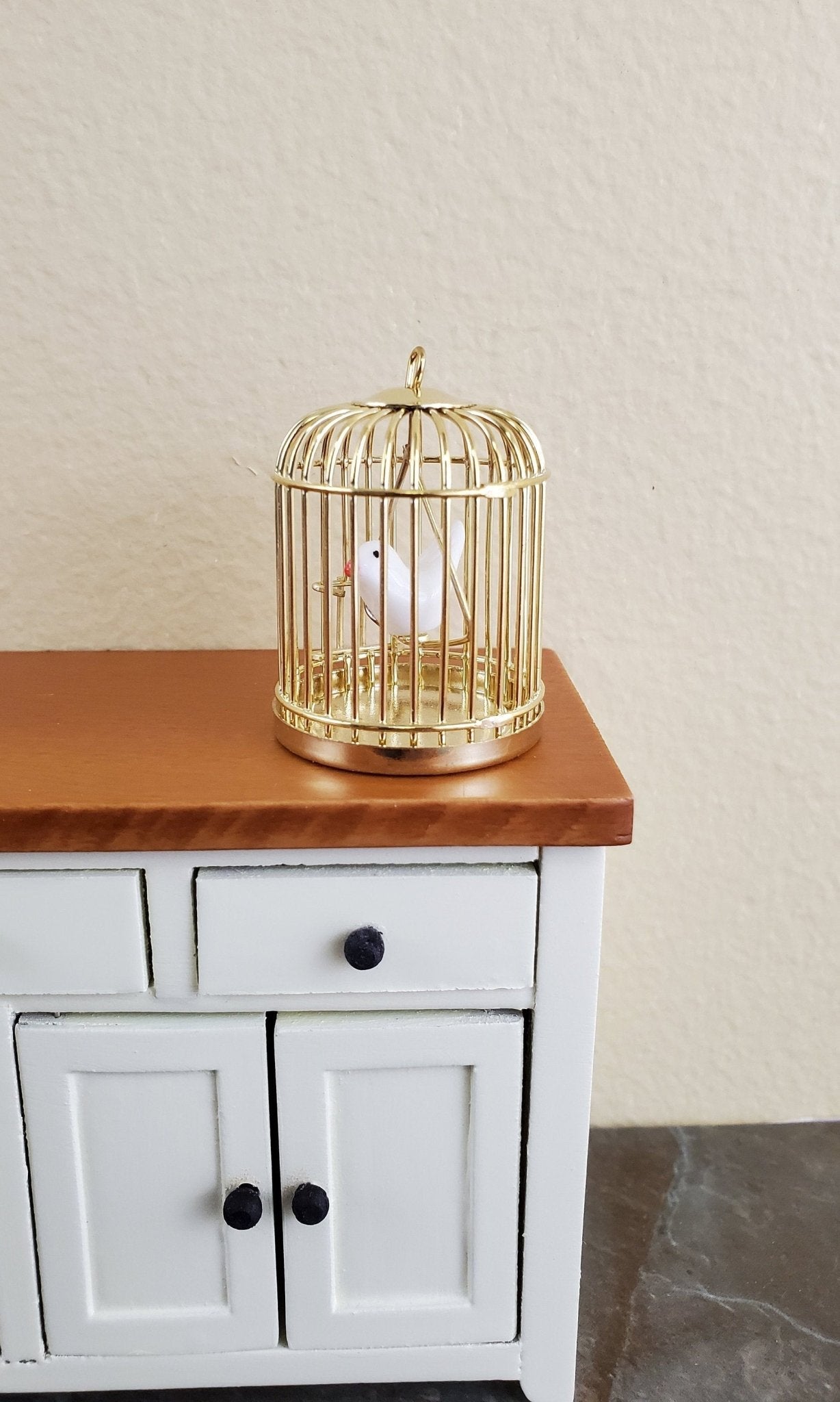 Dollhouse Miniature Birdcage Brass Gold Metal with White Bird 1:12 Scale - Miniature Crush