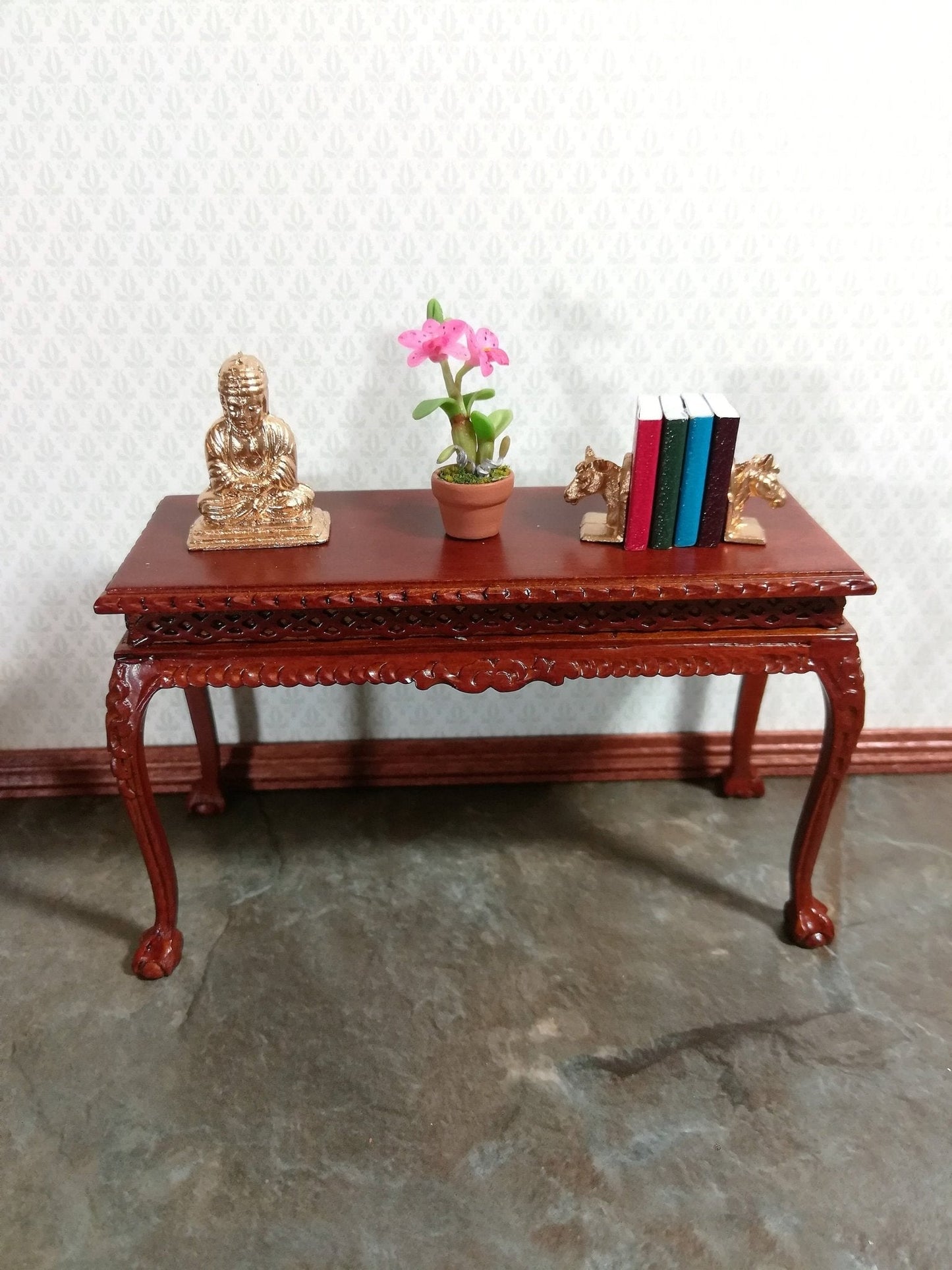 Dollhouse Miniature Buddha Statue Small Gold Tone Metal Statue 1:12 Scale - Miniature Crush
