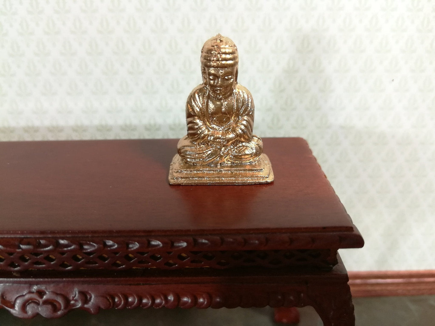 Dollhouse Miniature Buddha Statue Small Gold Tone Metal Statue 1:12 Scale - Miniature Crush