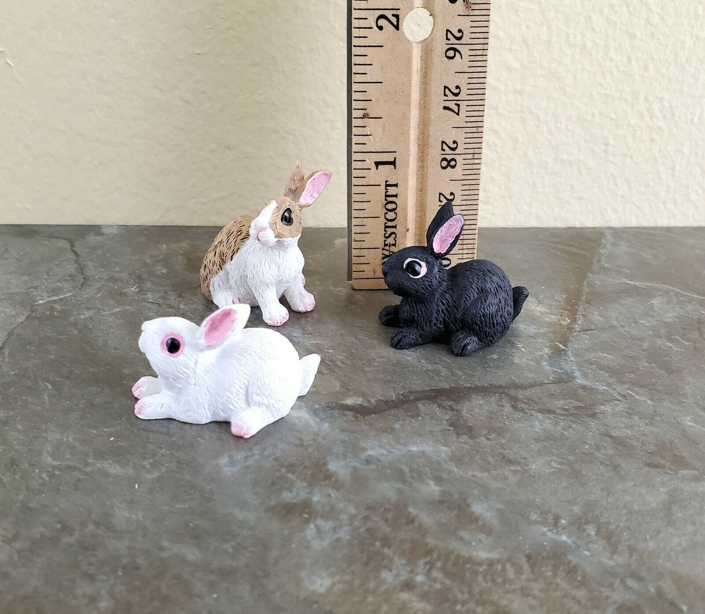 Dollhouse Miniature Bunny Rabbits Set of 3 1:12 Scale Pet Black White Brown - Miniature Crush
