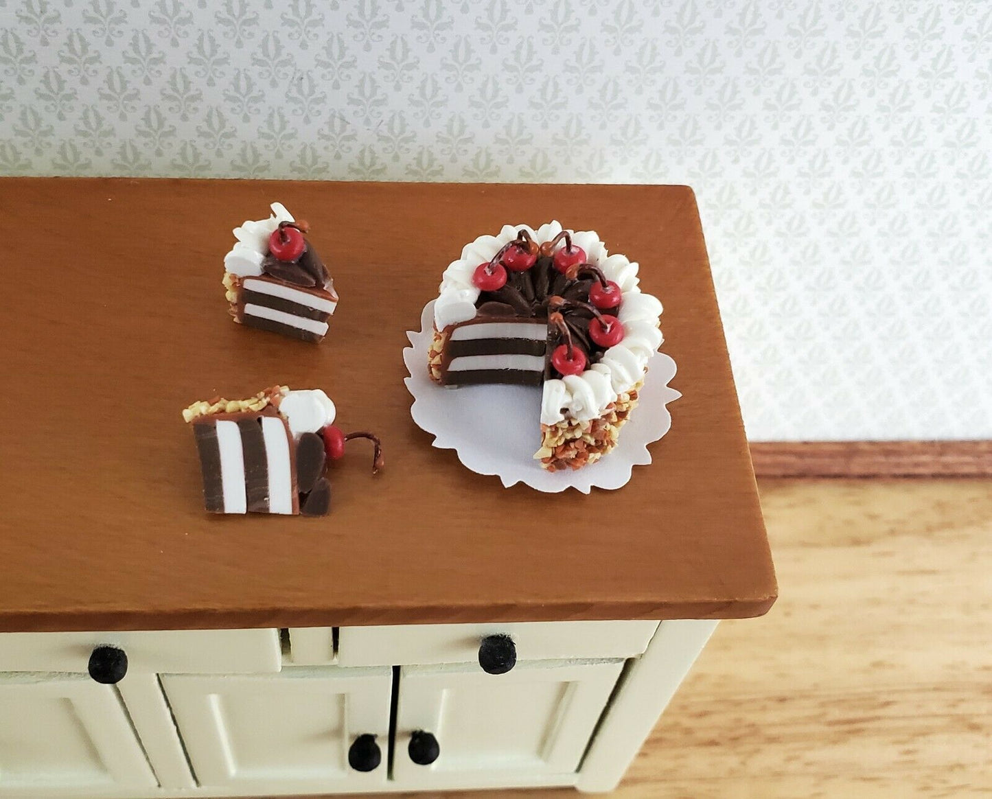 Dollhouse Miniature Cake with 3 Pieces Chocolate Cherry 1:12 Scale Dessert Food - Miniature Crush