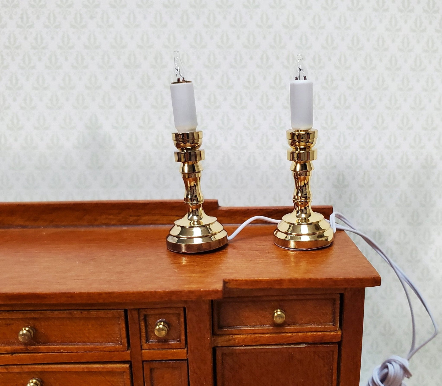 Dollhouse Miniature Candlesticks Pair of Gold Candles 12 Volt with Plug 1:12 Scale - Miniature Crush