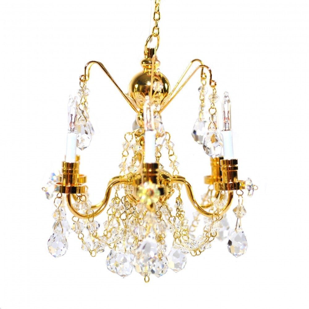Dollhouse Miniature Chandelier 6 Arm Crystal Pendants 12 Volt Electric 1:12 Scale - Miniature Crush