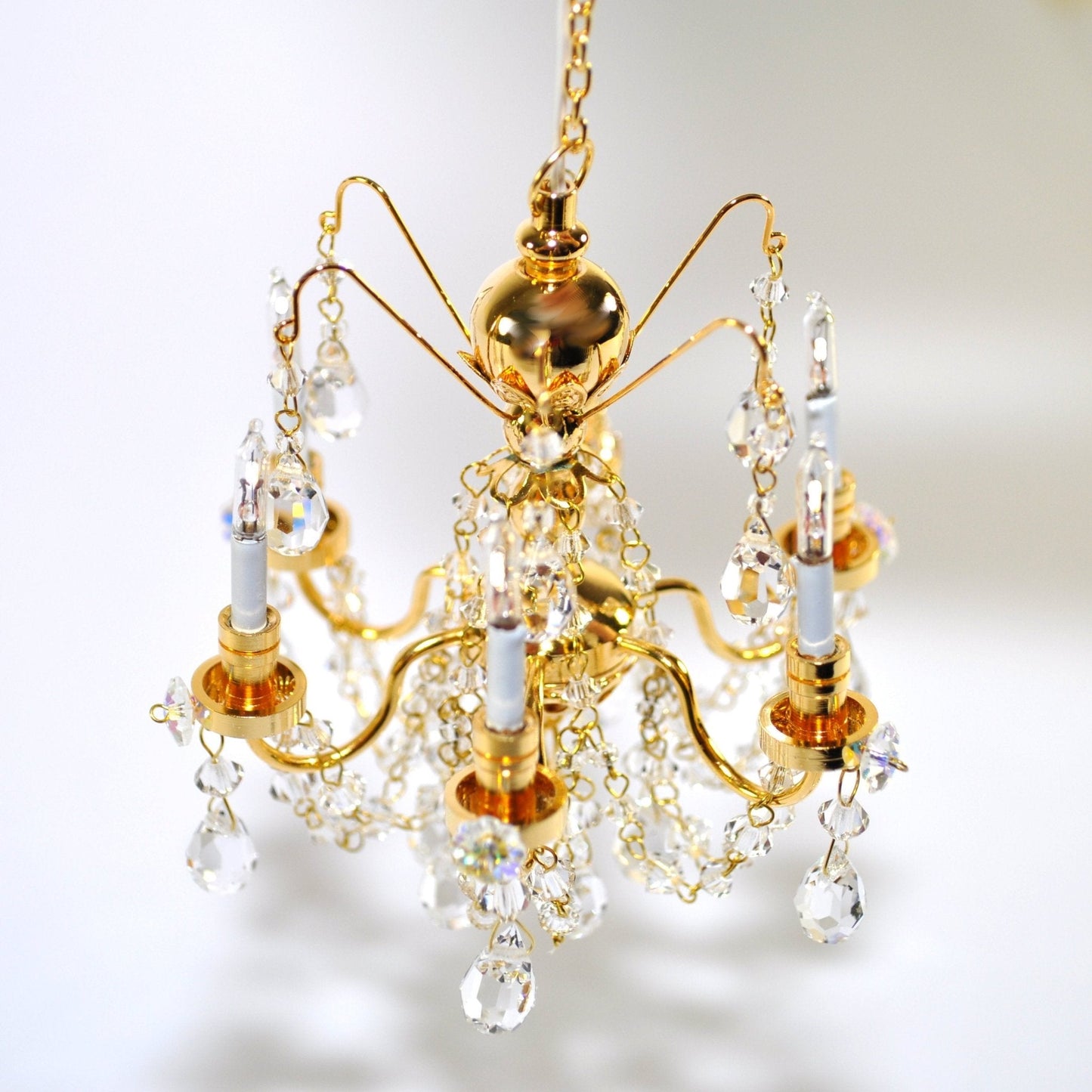 Dollhouse Miniature Chandelier 6 Arm Crystal Pendants 12 Volt Electric 1:12 Scale - Miniature Crush