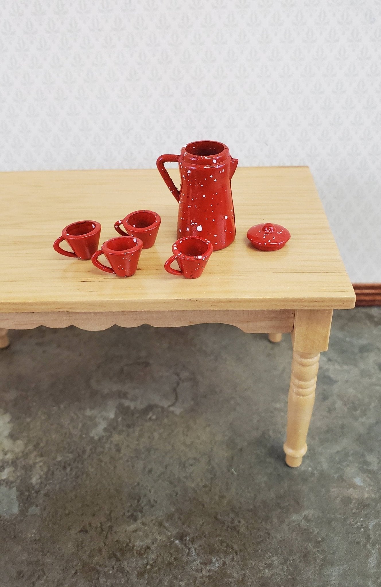 Dollhouse Miniature Coffee Pot & Cups Red Speckled 1:12 Scale Kitchen Accessories - Miniature Crush