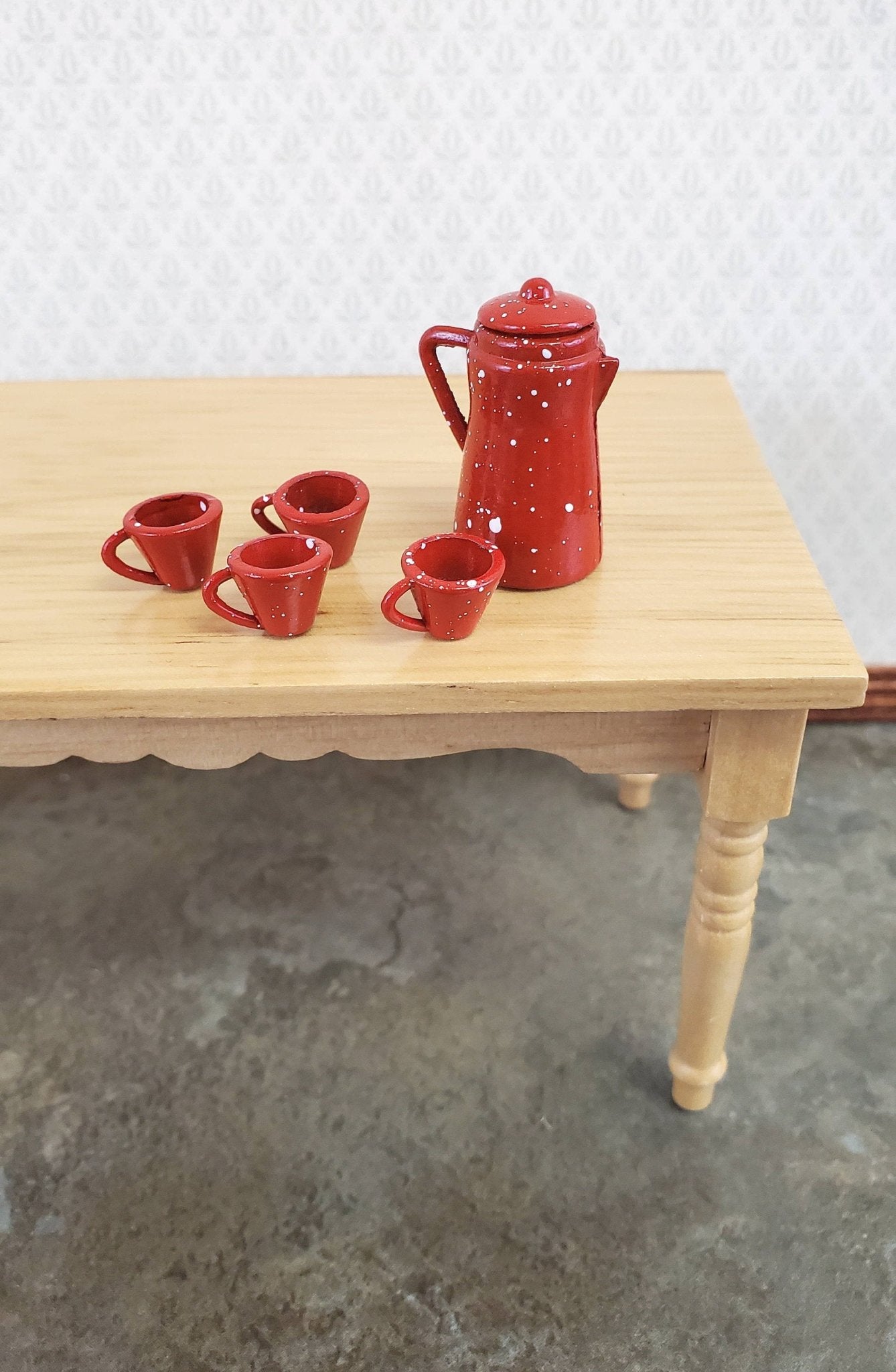 Dollhouse Miniature Coffee Pot & Cups Red Speckled 1:12 Scale Kitchen Accessories - Miniature Crush