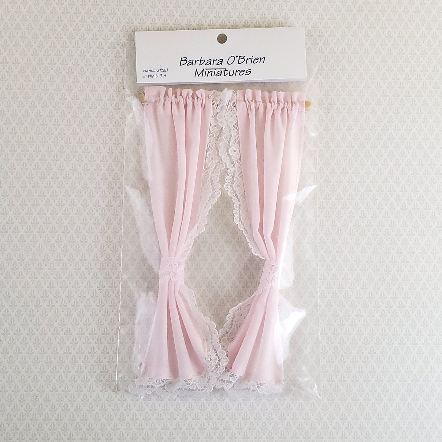 Dollhouse Miniature Curtains Pink with Lace & Curtain Rod 1:12 Scale Handmade - Miniature Crush