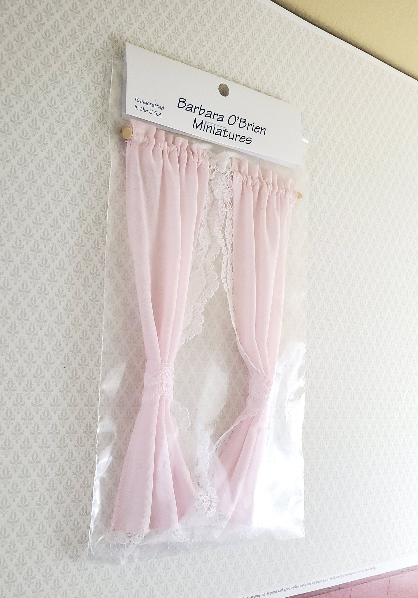 Dollhouse Miniature Curtains Pink with Lace & Curtain Rod 1:12 Scale Handmade - Miniature Crush