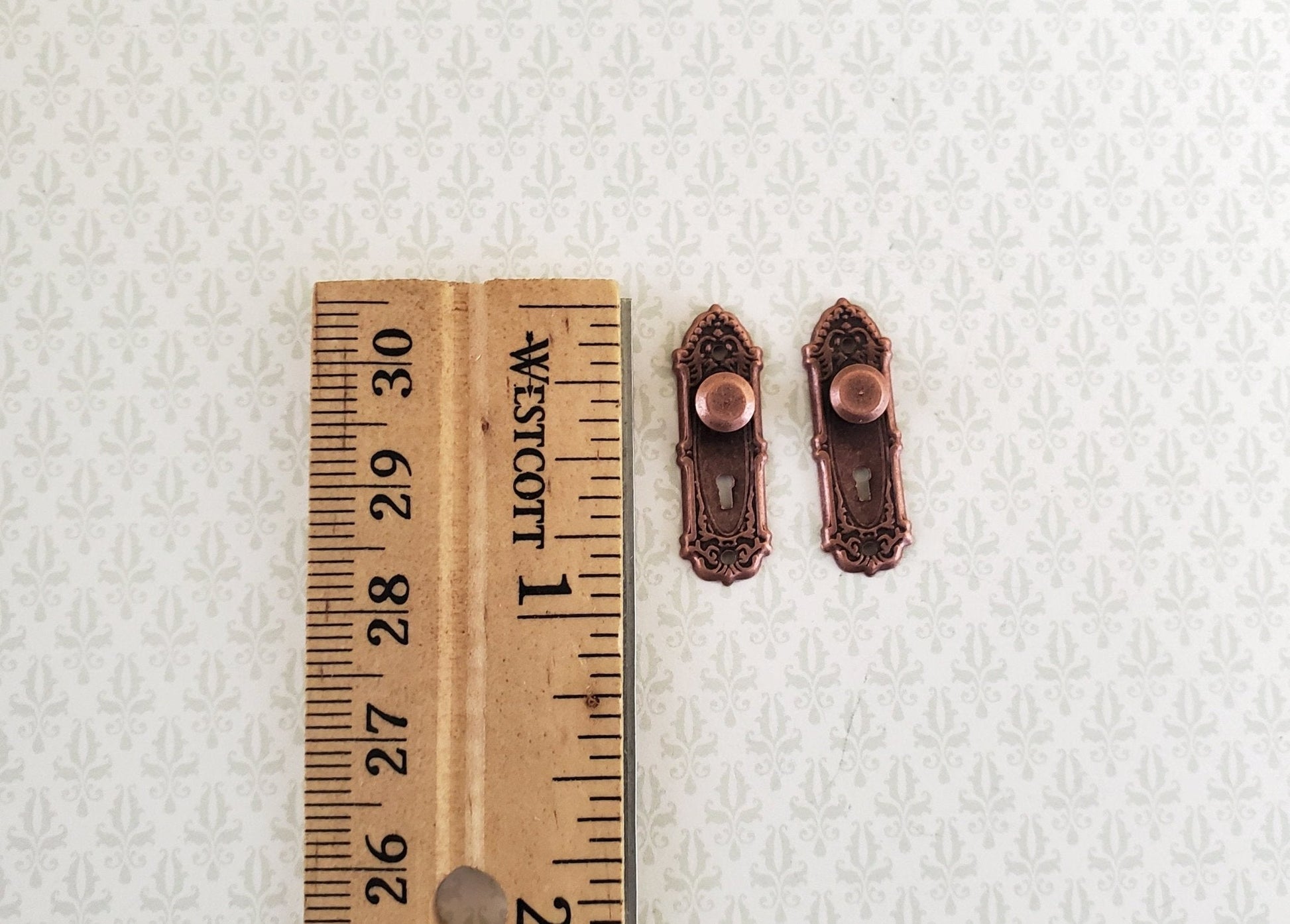 Dollhouse Miniature Doorknobs Fancy Bronze 1 Set with Keyhole 1:12 Scale - Miniature Crush