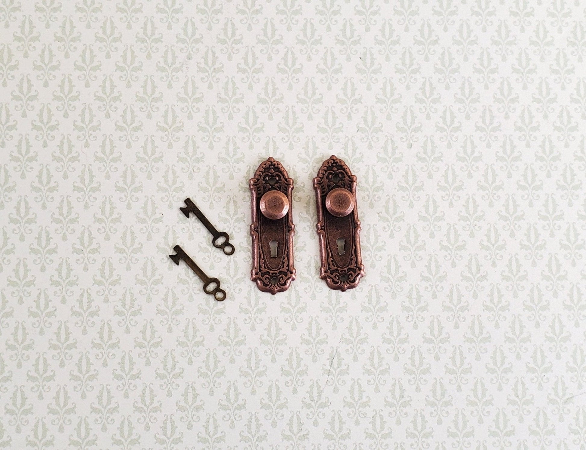 Dollhouse Miniature Doorknobs Fancy Bronze 1 Set with Keyhole 1:12 Scale - Miniature Crush