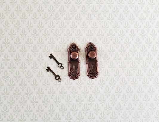 Dollhouse Miniature Doorknobs Fancy Bronze 1 Set with Keyhole 1:12 Scale - Miniature Crush